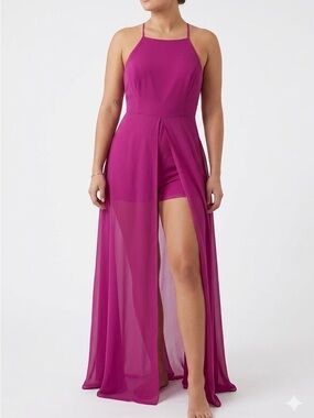 leshop Fuchsia Halter Romper Gown